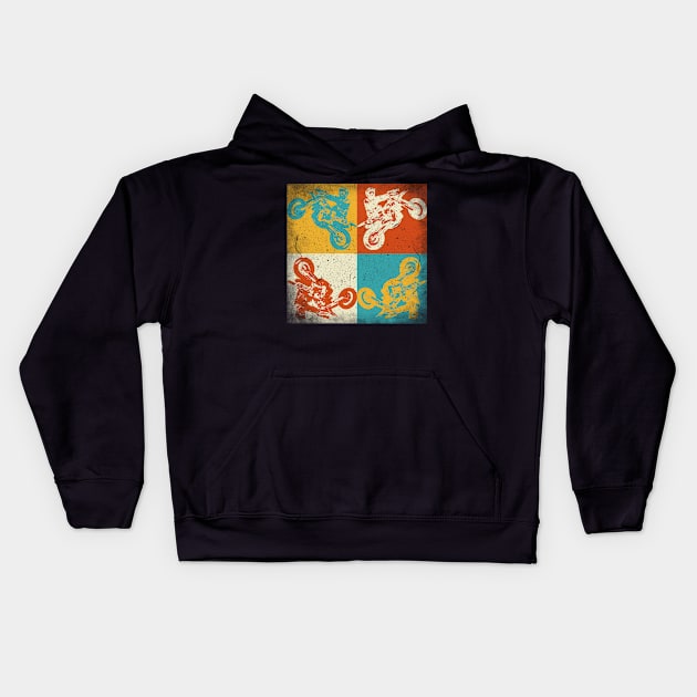 Motocross practice. Retro squares Kids Hoodie by SerenityByAlex